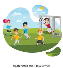 Cartoon Kid Play Football Game Vector Illustration. Boy Goalkeeper Save Goal Catch Ball. Mixed Team Boy Kick Girl Run. Soccer Match Competition on Green Grass Field. Sport Training Childhdren