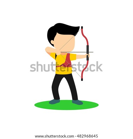 cartoon kid playing archery and ready before shoting. vector illustration