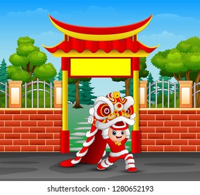 Cartoon of kid playing chinese dragon dance