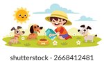 Cartoon Kid Playing With Dog