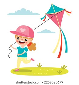 Cartoon Kid Playing With Kite