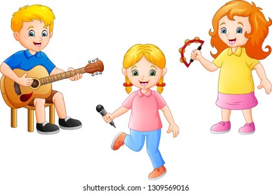 Cartoon kid playing music together