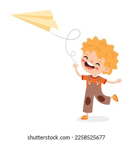 Cartoon Kid Playing With Paper Plane