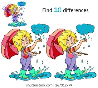 Cartoon kid playing in the rain. Vector illustration. find differences