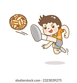 Cartoon kid playing sepak takraw character.