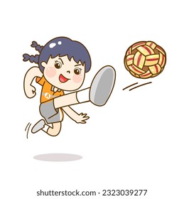 Cartoon kid playing sepak takraw character.