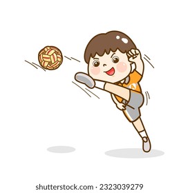 Cartoon kid playing sepak takraw character.