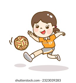 Cartoon kid playing sepak takraw character.