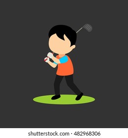 cartoon kid posing before take a golf swing