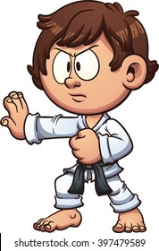Cartoon kid practicing karate. Vector clip art illustration with simple gradients. Head and body on separate layers.