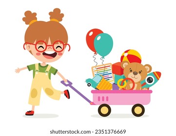 Cartoon Kid Pulling Wagon Toys