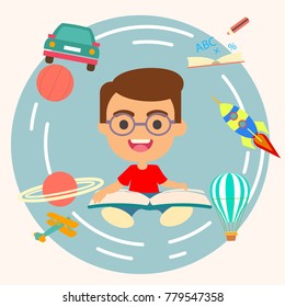 Cartoon kid reading book