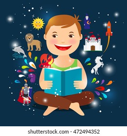 Cartoon kid reading fairy tale book. Happy boy with an open book vector illustration