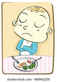 cartoon kid refusing to eat vegetables.