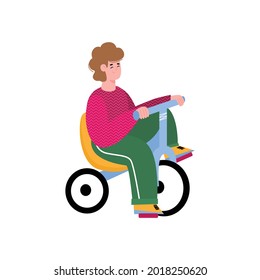 Cartoon kid riding little chopper bicycle with seat, little boy sitting on drift tricycle bike and smiling isolated on white background. Vector illustration.