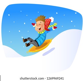 Cartoon kid rolling down the mountain slope on sled. Vector illustration.