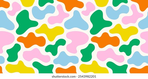 Cartoon kid seamless pattern with multicolor clouds. Liquid amoeba shaped forms. Colorful freeform blotches, organic shapes. Groovy childish abstract design for cover, poster, banner, label, wrapping.