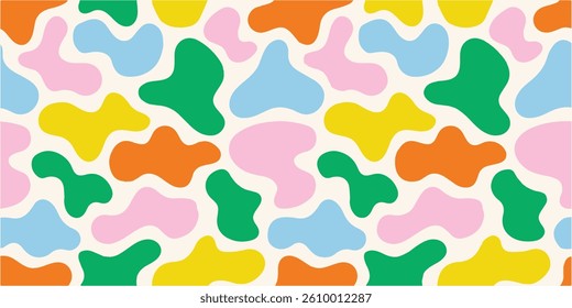 Cartoon kid seamless pattern with multicolor clouds. Liquid amoeba shaped forms. Colorful freeform blotches, organic shapes. Groovy childish abstract design for cover, poster, banner. vector eps file.