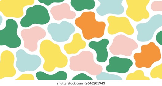 Desenhos animados infantil padrão sem emenda com nuvens multicoloridas. Formas em forma de ameba líquida. Manchas de forma livre coloridas, formas orgânicas. Groovy design infantil abstrato para capa, cartaz, banner, rótulo, embalagem.