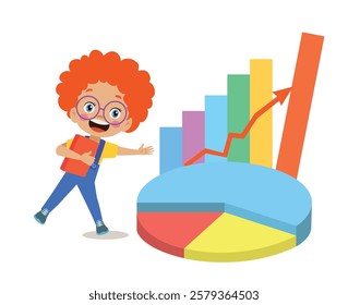 Cartoon Kid Showing Bar Graph Pro Vector