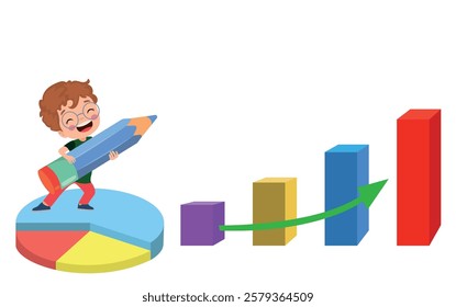 Cartoon Kid Showing Bar Graph Pro Vector