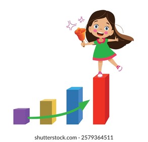 Cartoon Kid Showing Bar Graph Pro Vector