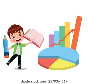 Cartoon Kid Showing Bar Graph Pro Vector