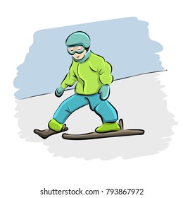 Cartoon kid skiing downhill, vector