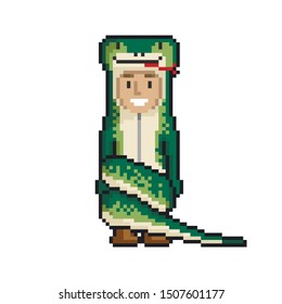 Сute cartoon kid in snake costume. Pixel art on white background. Vector illustration.