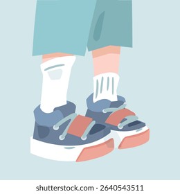 Cartoon Kid Sneakers Close View. Cartoon illustration of a child’s feet in sneakers and socks, front view. Flat style, pastel colors, isolated on blue background.