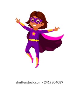 Cartoon kid superhero character. Isolated vector girl super hero, in a purple costume with pink cape billowing in the wind, exudes confidence and determination to save the day with a beaming smile