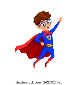 Cartoon kid superhero character. Isolated vector pint-sized boy super hero bursts with boundless energy, wearing a colorful costume with a signature emblem, ready to heroic escapades and save the day