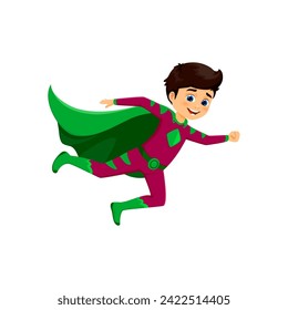 Cartoon kid superhero character. Isolated vector lively boy super hero, donned in a vibrant costume with a cape billowing, exudes excitement and courage, ready to conquer adventures and save the day