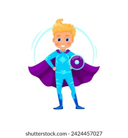 Cartoon kid superhero character. Isolated vector fearless boy super hero in blue costume and purple cape, stands with beaming smile, ready to conquer adventures and save the day with boundless energy