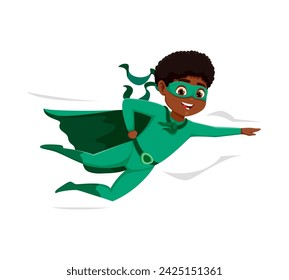 Cartoon kid superhero character. Isolated vector black, lively, flying boy in a green superhero costume, exudes youthful energy with a cape fluttering in the wind, ready for imaginative adventures