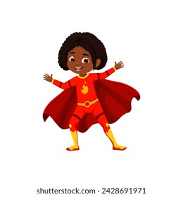 Personaje de superhéroe de dibujos animados. Aislado vector chica negra super héroe vestido en un traje rojo vibrante con emblema de fuego, listo para conquistar desafíos y difundir la alegría con sus superpoderes de fuego y sonrisa