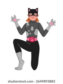 Cartoon kid superhero character. Playful girl in a black and gray cat costume with paw gloves and cat ears, striking a fun pose. Cute personage for children comic book or Halloween party celebration