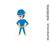 Cartoon kid in superhero costumes. Blue speedster kid in proud pose.