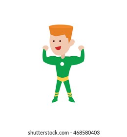 Cartoon kid in superhero costumes. Strong superhero kid