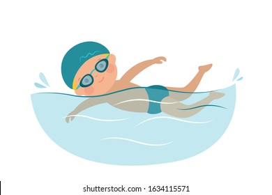 Cartoon kid swimming on a white background. Little boy swimmer in the swimming pool, kids physical activity. Flat vector illustration 