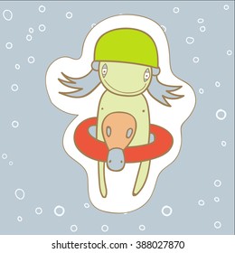 Cartoon kid in swimming suits,Summer