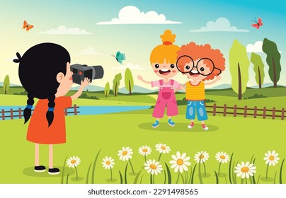 Cartoon Kid Taking Friends Photo