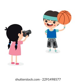 Cartoon Kid Taking Friends Photo