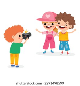 Cartoon Kid Taking Friends Photo