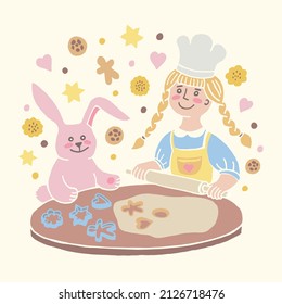 Cartoon kid and toy bunny preparing cookies with a smile. A girl in a chefs hat and an apron cooks. Funny baking cookies in the kitchen. Roll out the dough with a rolling pin. Cookie molds