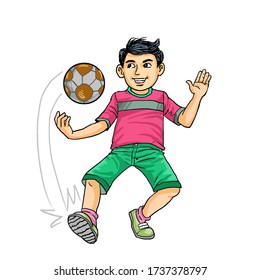 Cartoon kid training the skill of playing football