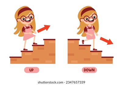 Cartoon Kid Walking Up And Down On Stairs