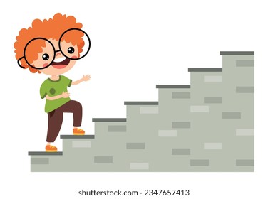 Cartoon Kid Walking On Stairs