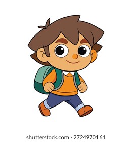 Desenho animado Kid Walking to School Vetor Ilustração Isolado no Fundo Branco, Personagem Estudantil Feliz para Voltar à Escola, Cartaz de Educação e Desenho Infantil
