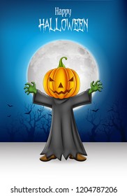 Cartoon kid wearing Halloween pumpkin costume with Halloween background